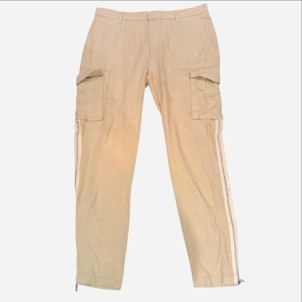 Mnml military trouser pants khaki linen viscose pockets oversized 36-38 side zip